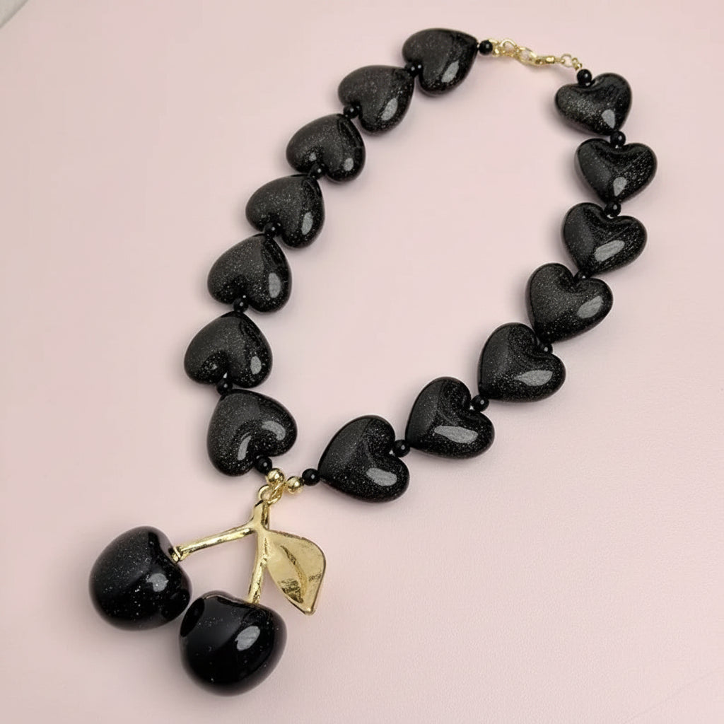 Glass Heart Beaded Cherry Pendant Necklace