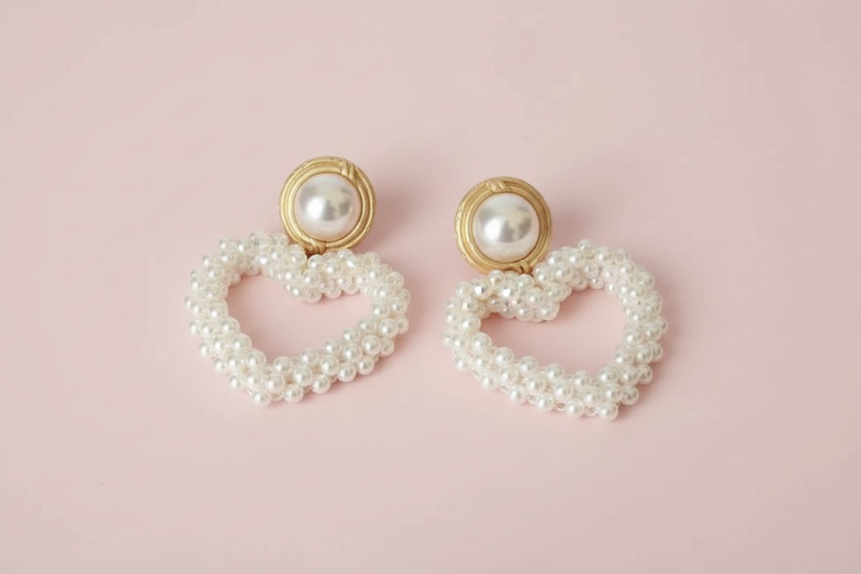 Pearls Heart Pendant Dangle Earrings