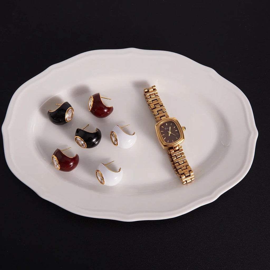 Enamel Oval Zircon Stud Earrings