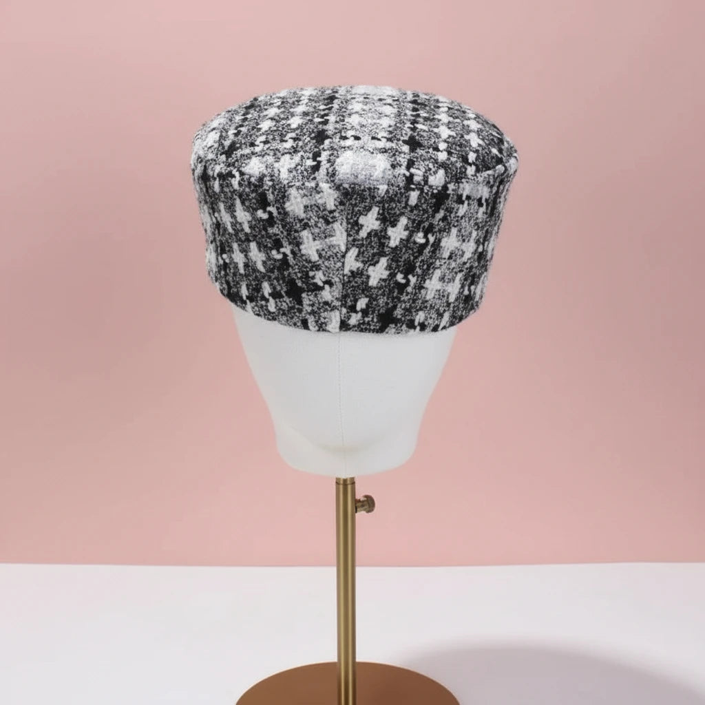Plaid Tweed Pillbox Beret Hat