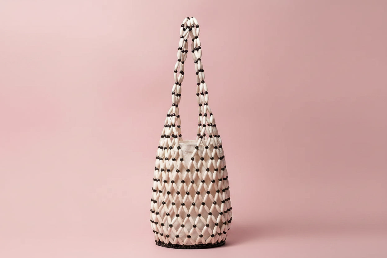 Wooden Beaded Tote Bucket Shoulder Bag