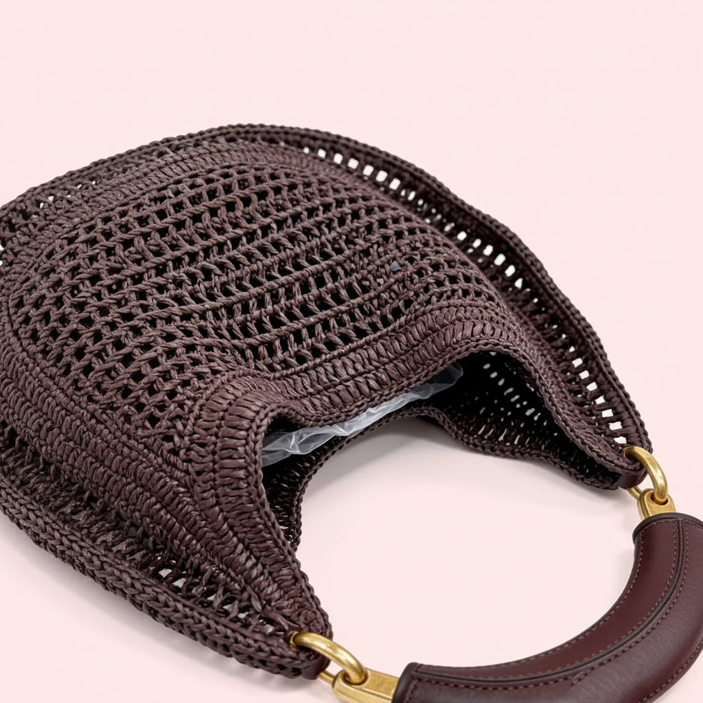 Leather Handle Crochet Hobo Bag