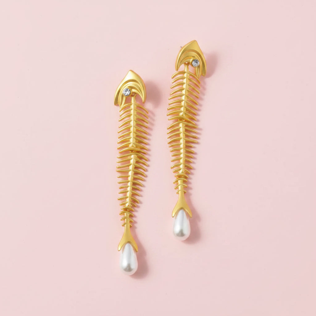 Fishbone Dangle Pearl Earrings