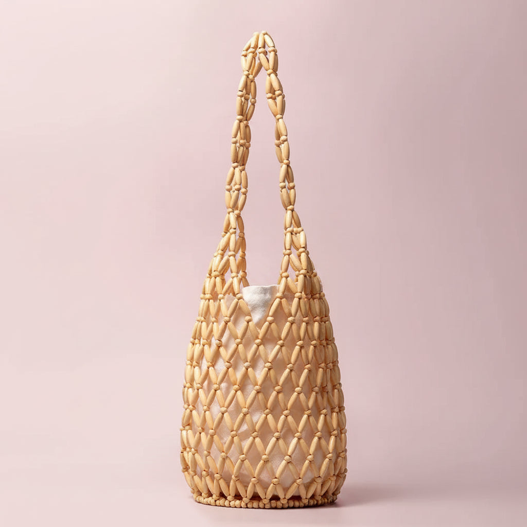 Wooden Beaded Tote Bucket Shoulder Bag