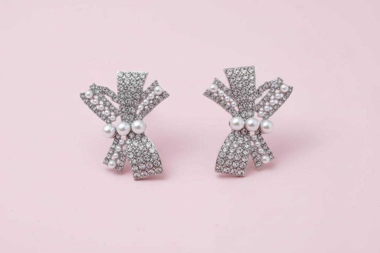 Rhinestone Bowknot Charm Big Stud Earrings