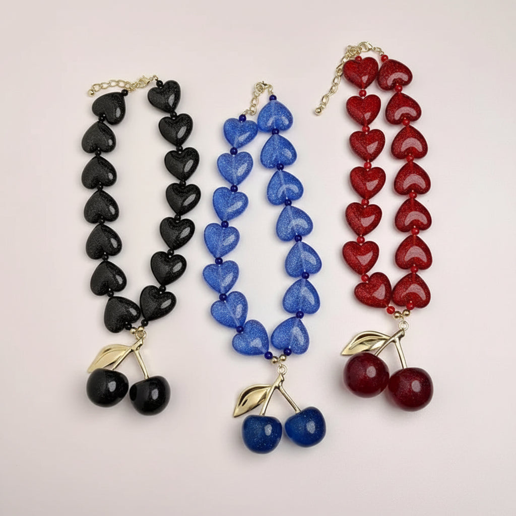 Glass Heart Beaded Cherry Pendant Necklace