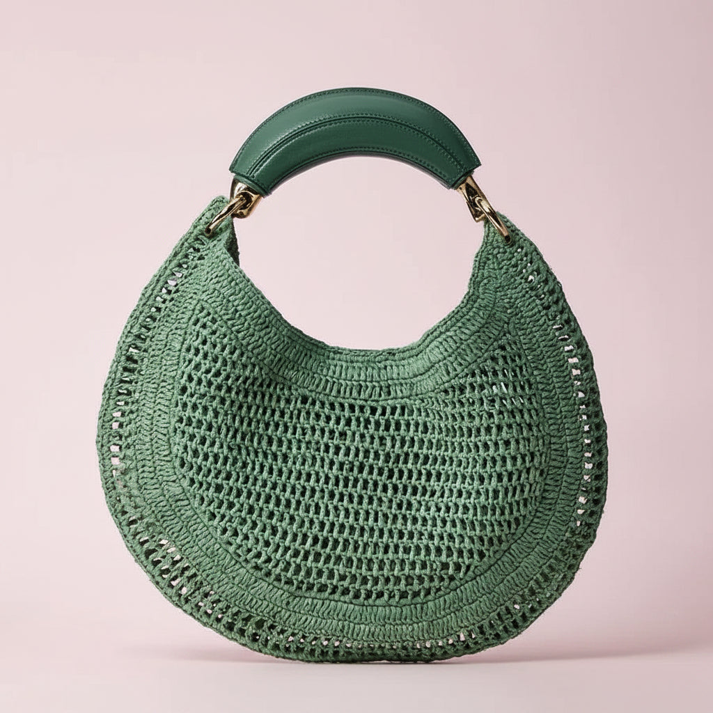 Leather Handle Crochet Hobo Bag