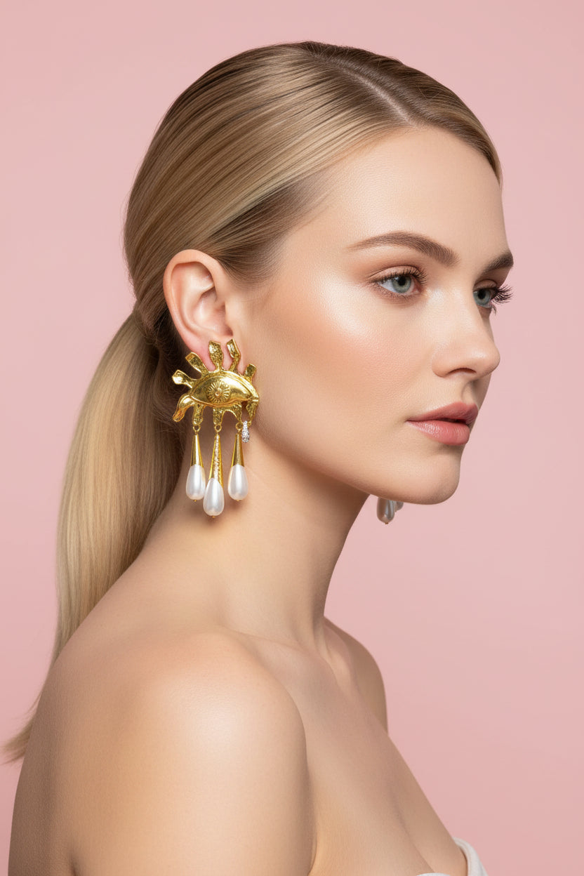 Sun Eye Dangle Pearl Earrings