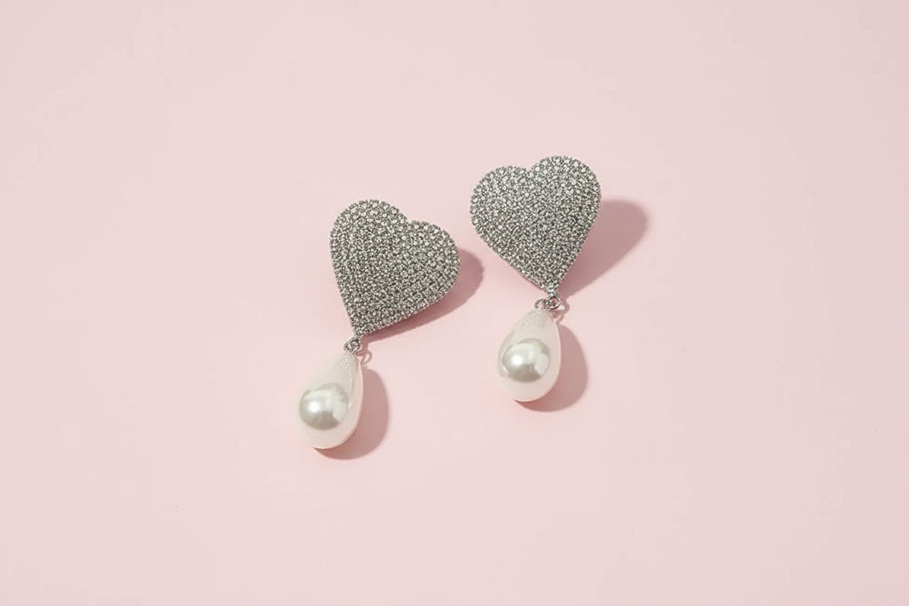 Rhinestone Heart Baroque Pearl Earrings