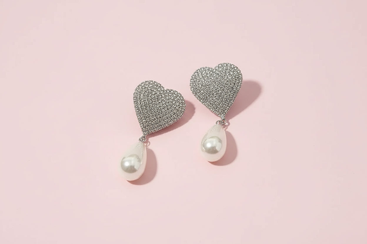 Rhinestone Heart Baroque Pearl Earrings