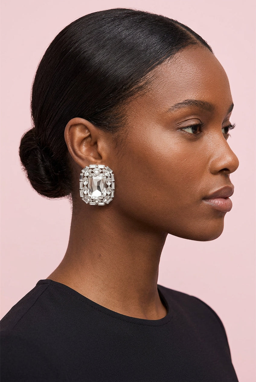 Rhinestone Frame Clip Earrings