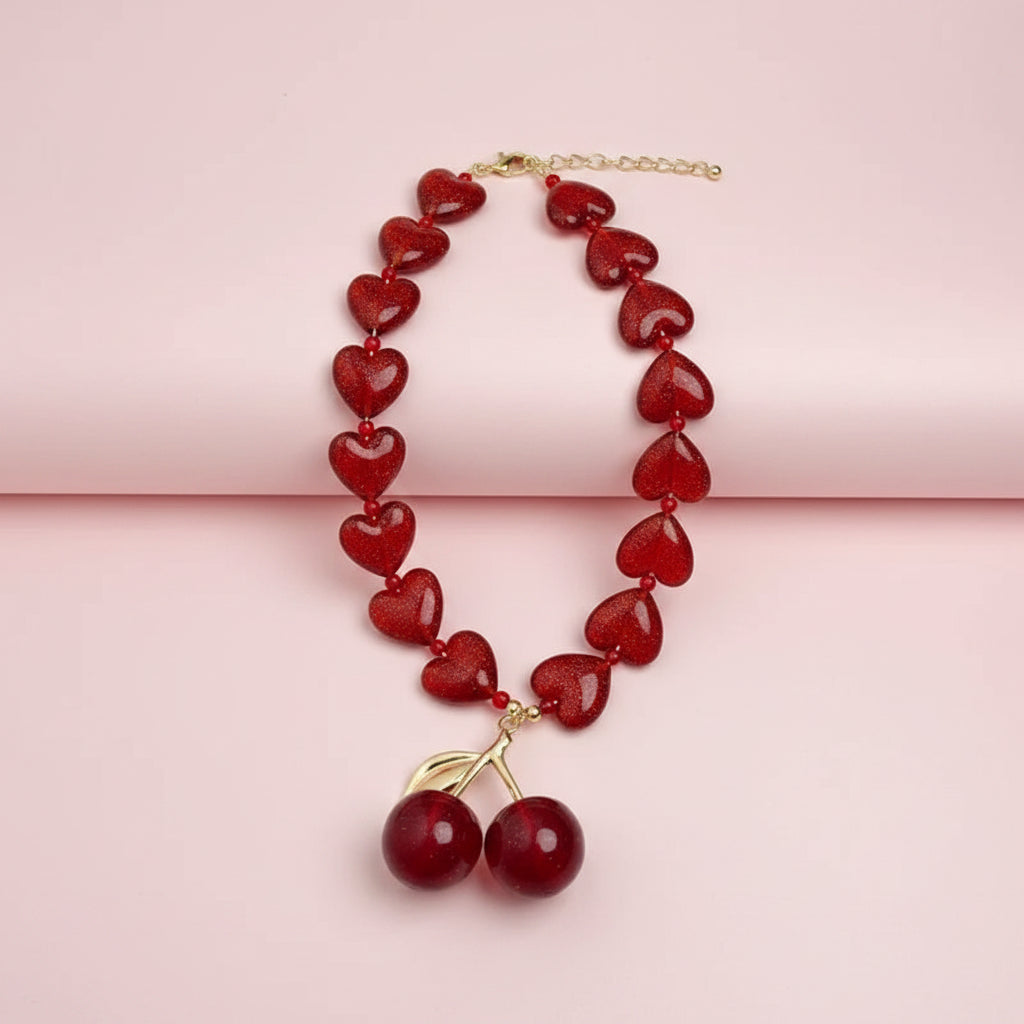 Glass Heart Beaded Cherry Pendant Necklace