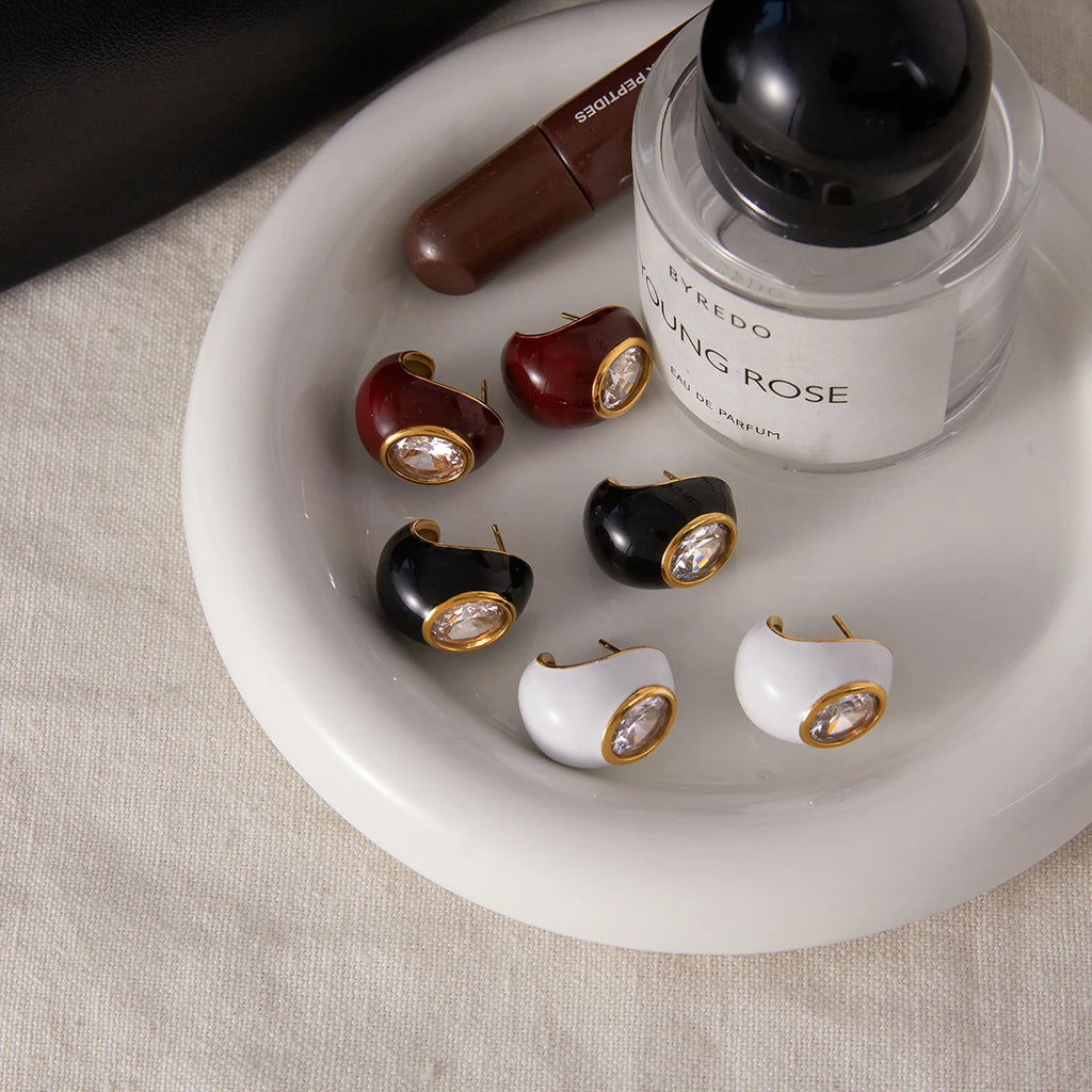 Enamel Oval Zircon Stud Earrings