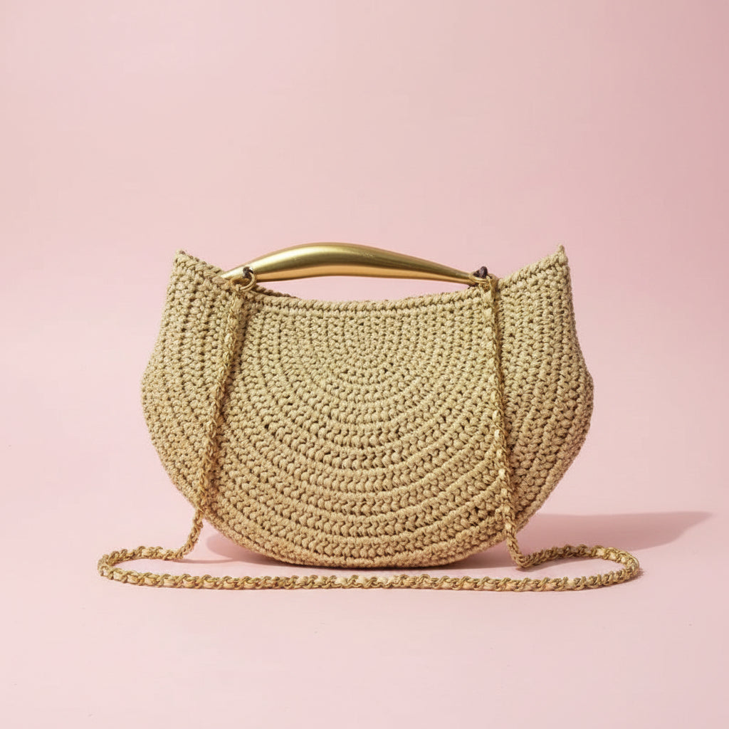 Sculptural Fish Handle Straw Woven Bag