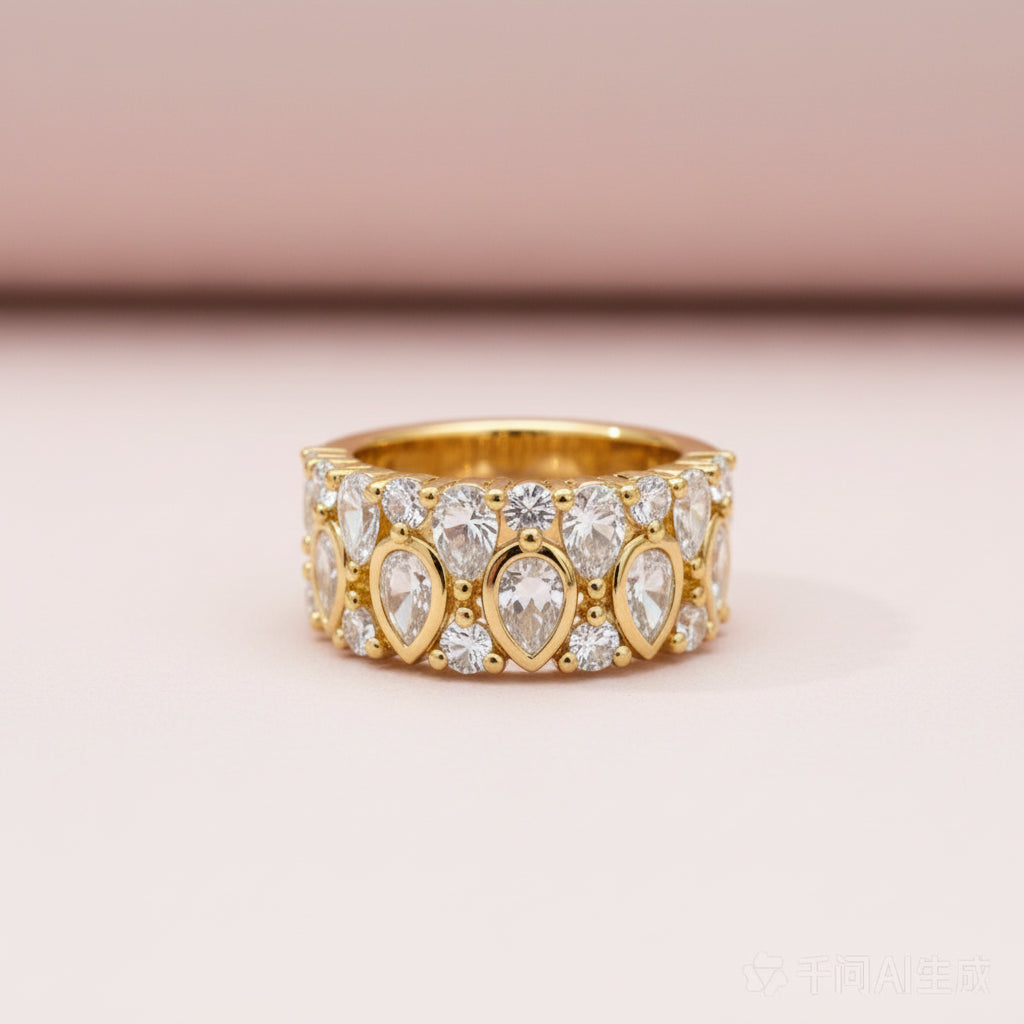 Pear & Round Cut Zircon Wide Band Ring