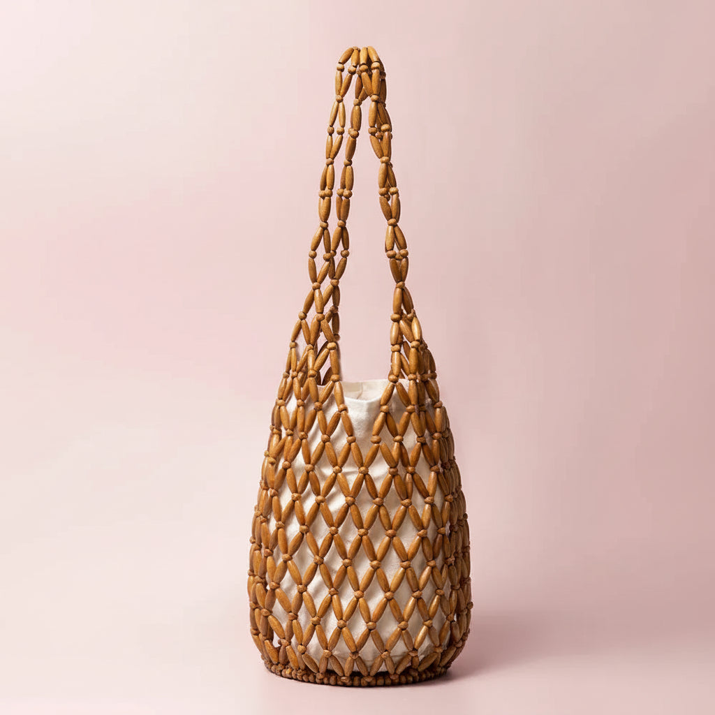 Wooden Beaded Tote Bucket Shoulder Bag