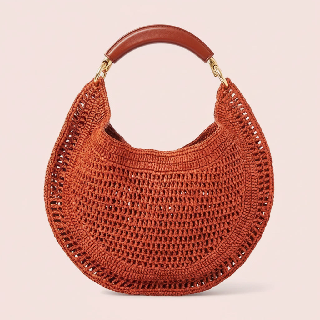 Leather Handle Crochet Hobo Bag