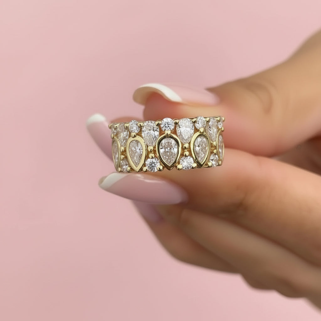 Pear & Round Cut Zircon Wide Band Ring