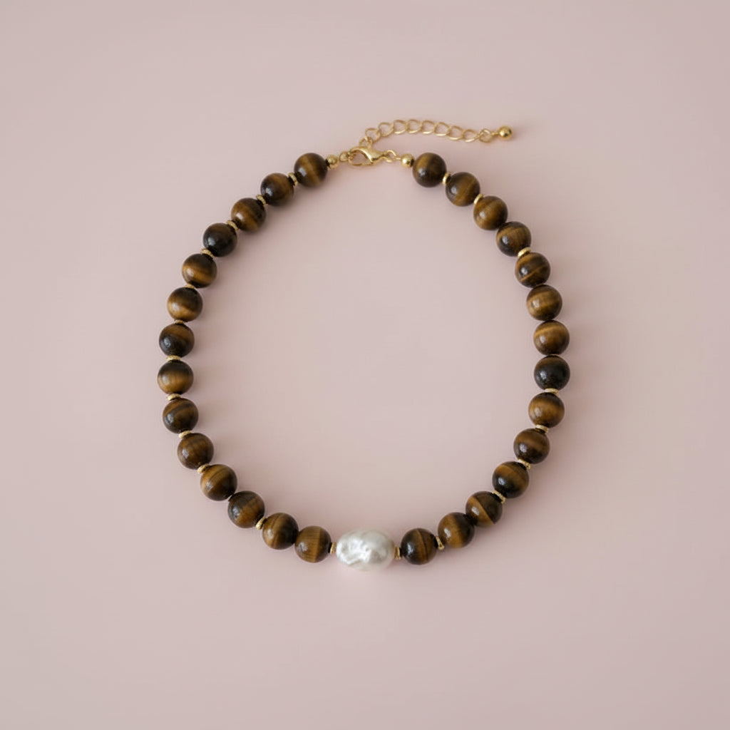 Tiger Eye Beads and Baroque Pearl Necklace