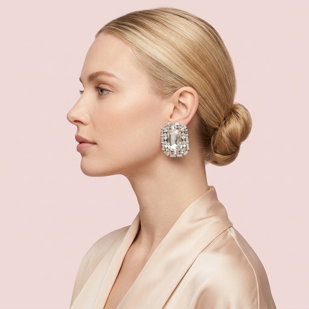 Rhinestone Frame Clip Earrings