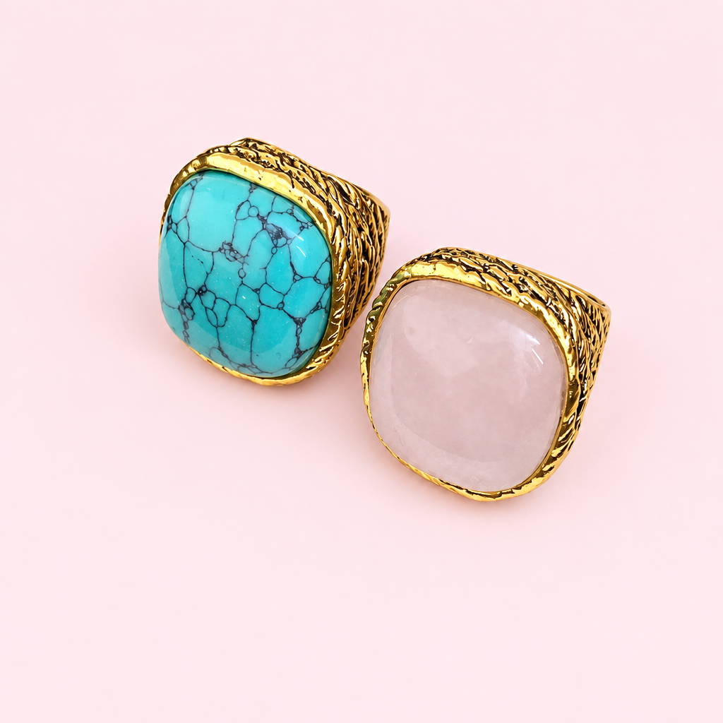 Baroque Square Pink Green Ring on a light pink background without logos or text
