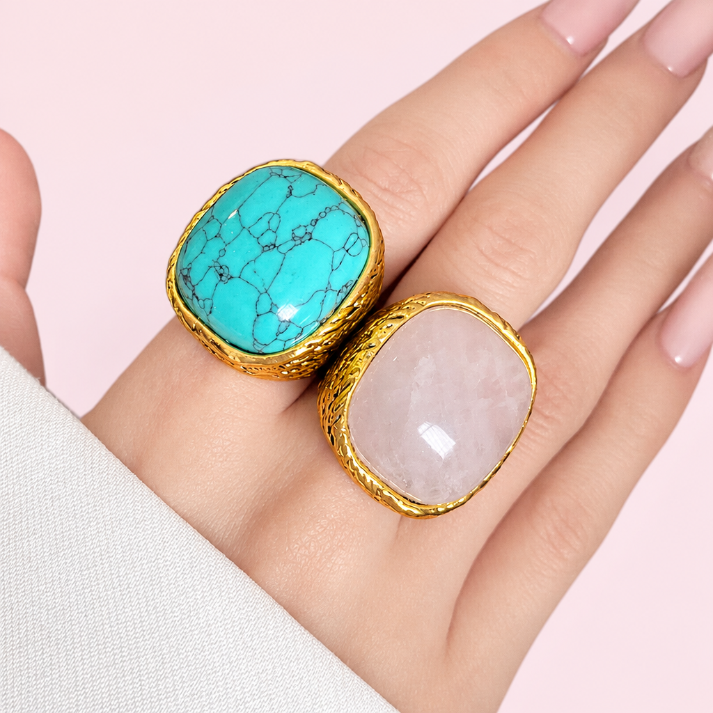 Baroque Square Pink Green Ring on a light pink background without logos or text