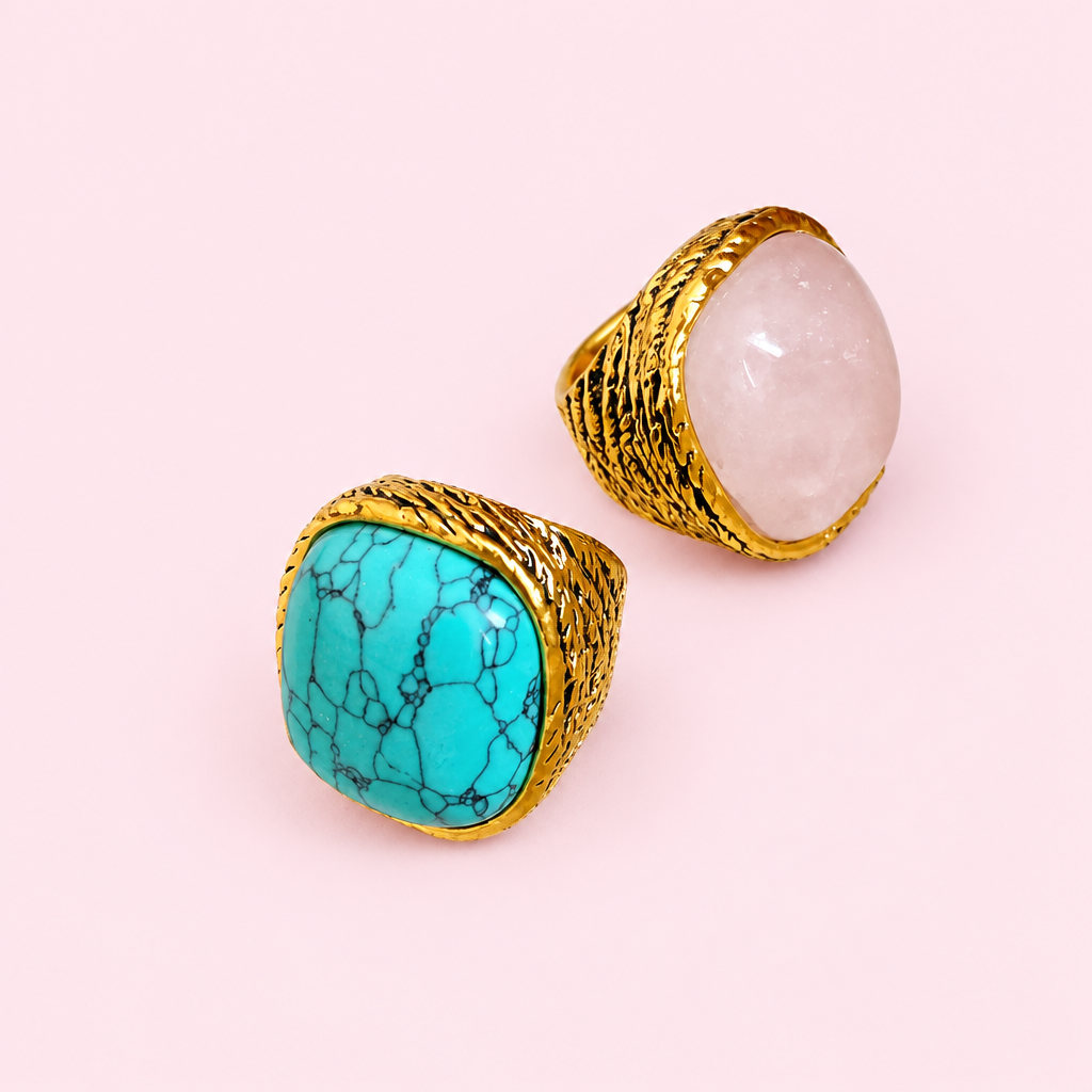 Baroque Square Pink Green Ring on a light pink background without logos or text