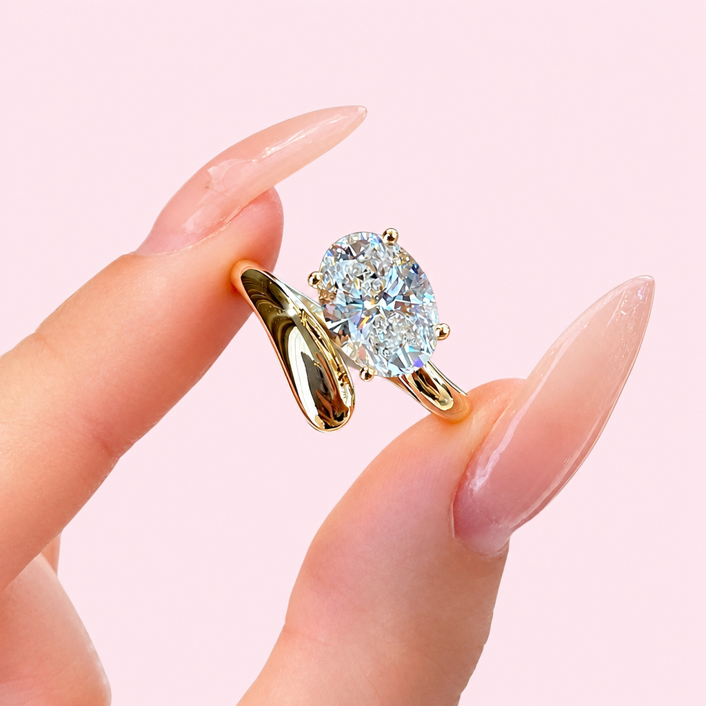 Exquisite Twist Zircon Rings with a light pink background